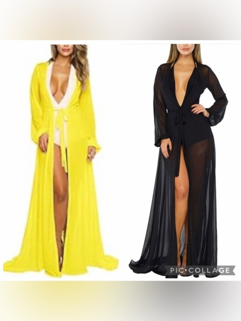 Sheer Mesh Plunge Maxi Robe Duster Black & Yellow Size Medium